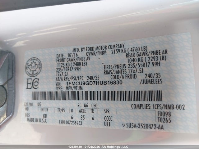 1FMCU9GD7HUB16830 Ford ESCAPE SE