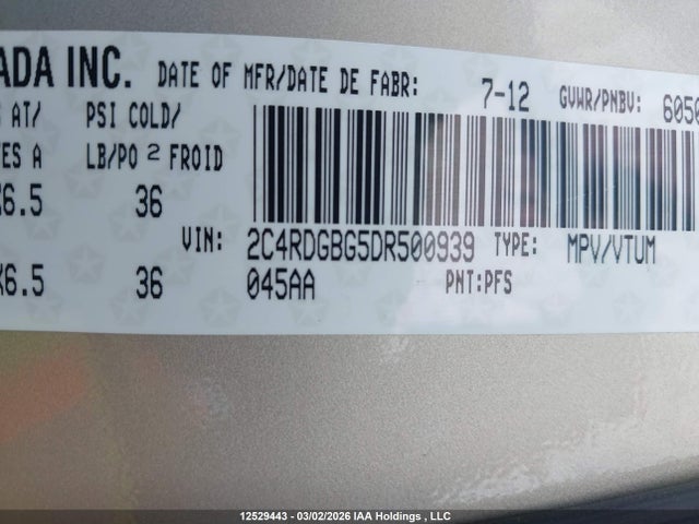 12529443 :رقم المزاد ، 2C4RDGBG5DR500939 vin ، 2013 Dodge Grand Caravan Se مزاد بيع