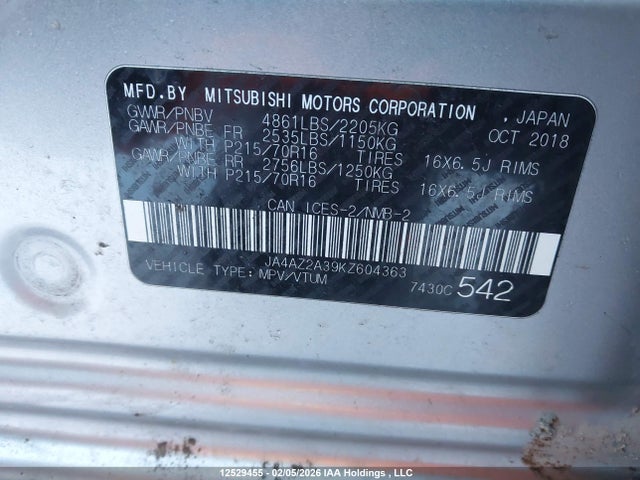 Mitsubishi Outlander 2019 JA4AZ2A39KZ604363 Image 9