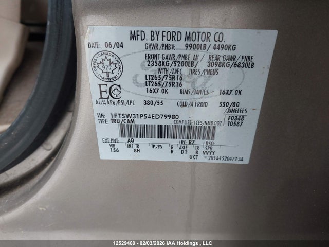12529469 :رقم المزاد ، 1FTSW31P54ED79980 vin ، 2004 Ford F-350 Lariat/xl/xlt مزاد بيع