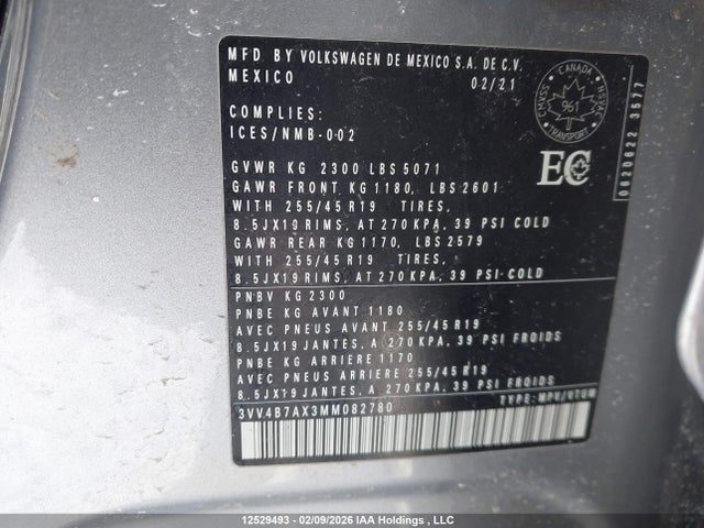 12529493 :رقم المزاد ، 3VV4B7AX3MM082780 vin ، 2021 Volkswagen Tiguan Sel Premium R-line مزاد بيع