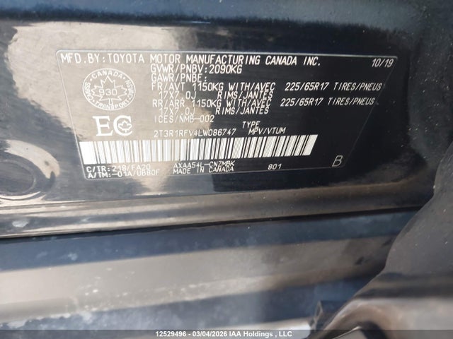 12529496 :رقم المزاد ، 2T3R1RFV4LW086747 vin ، 2020 Toyota Rav4 Xle/xle Premium مزاد بيع