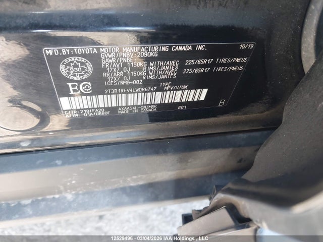12529496 :رقم المزاد ، 2T3R1RFV4LW086747 vin ، 2020 Toyota Rav4 Xle/xle Premium مزاد بيع