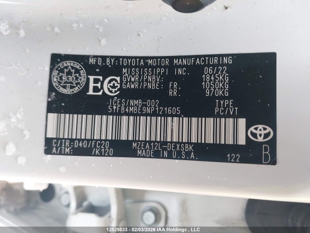 2022 Toyota Corolla Se მანქანა იყიდება აუქციონზე, vin: 5YFB4MBE9NP121605, აუქციონის ნომერი: 12529533