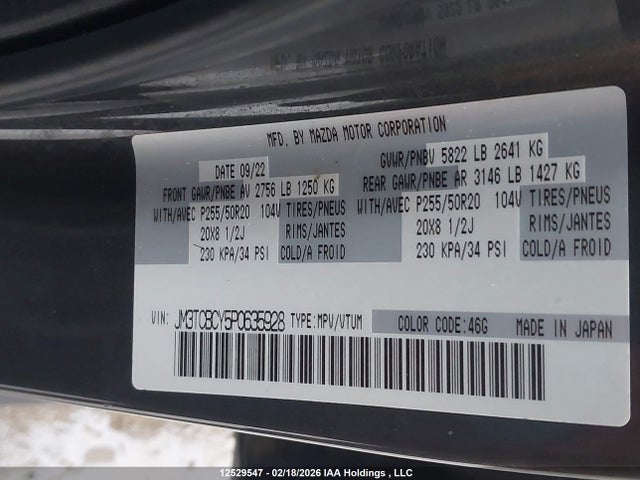 Aukcja sprzedaży 2023 Mazda Cx-9 Touring, vin: JM3TCBCY5P0635928, numer aukcji: 12529547