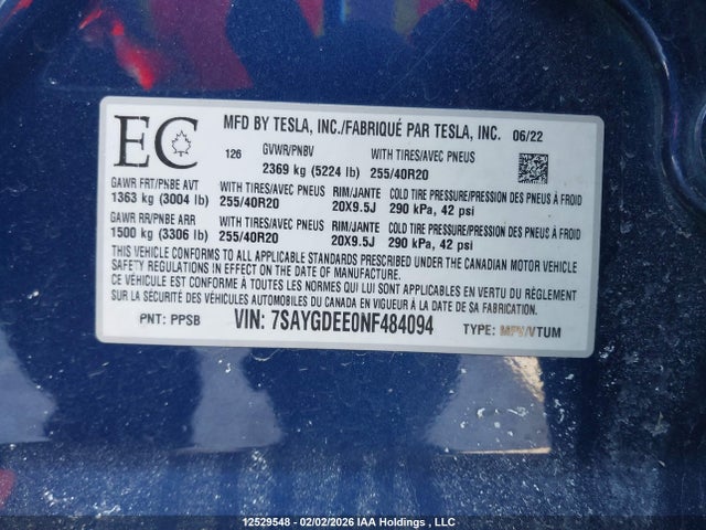 7SAYGDEE0NF484094 Tesla Model Y