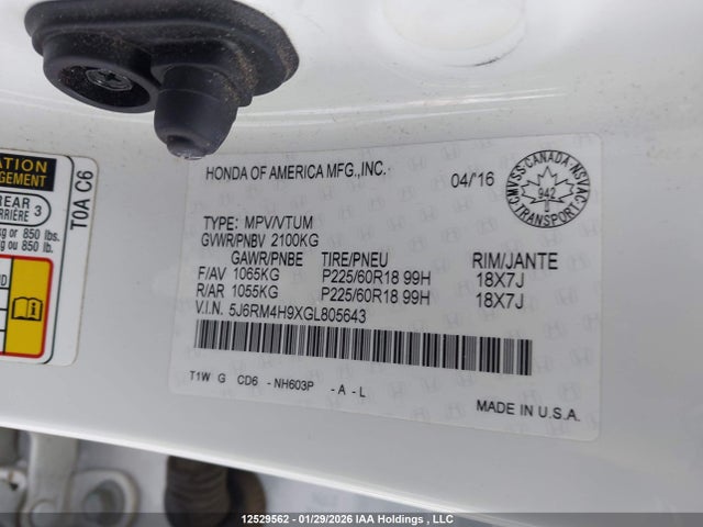 5J6RM4H9XGL805643 Honda Cr-v Touring