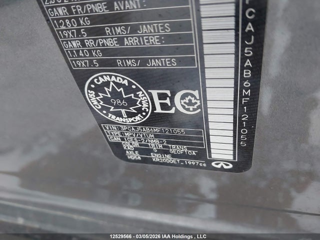 12529566 :رقم المزاد ، 3PCAJ5AB6MF121055 vin ، 2021 Infiniti Qx50 مزاد بيع