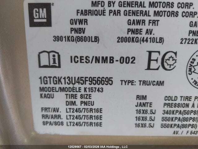 Aukcja sprzedaży 2005 Gmc Sierra 1500hd Sle/slt, vin: 1GTGK13U45F956695, numer aukcji: 12529567