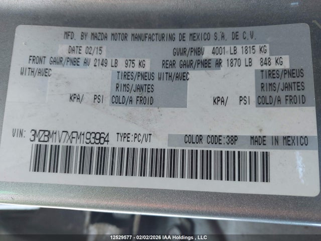 3MZBM1V7XFM193964 Mazda Mazda3 Gs