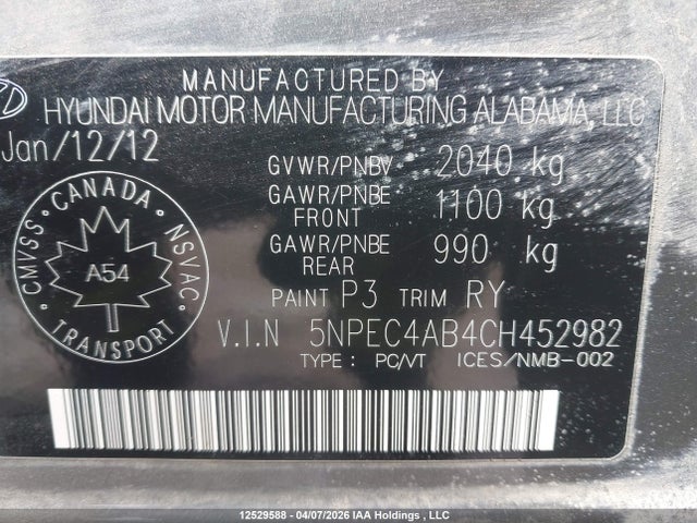 Продажа на аукционе авто 2012 Hyundai Sonata Se/limited, vin: 5NPEC4AB4CH452982, номер лота: 12529588