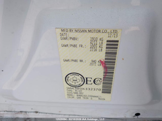 1N4AL3AP2EN332370 Nissan Altima 2.5/2.5 S/2.5 Sl/2.5 Sv