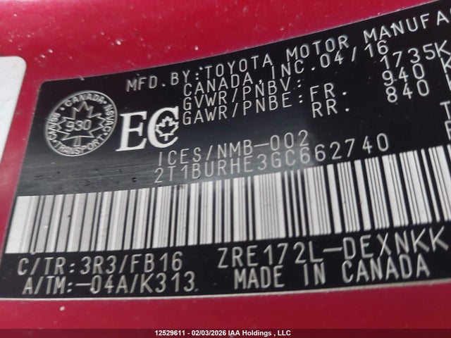 2T1BURHE3GC662740 Toyota COROLLA LE