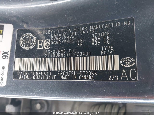 2014 Toyota Corolla L/le/le Pls/prm/s/s Pls მანქანა იყიდება აუქციონზე, vin: 2T1BURHE4EC023490, აუქციონის ნომერი: 12529615