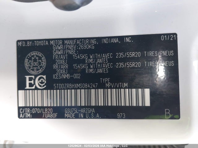 12529624 :رقم المزاد ، 5TDDZRBHXMS084247 vin ، 2021 Toyota Highlander Limited مزاد بيع
