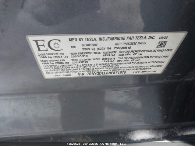 12529625 :رقم المزاد ، 7SAYGDEE8NF571970 vin ، 2022 Tesla Model Y Long Range Dual Motor All-wheel Drive مزاد بيع