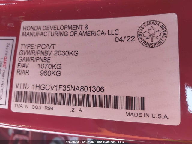 1HGCV1F35NA801306 Honda Accord Sport 1.5t