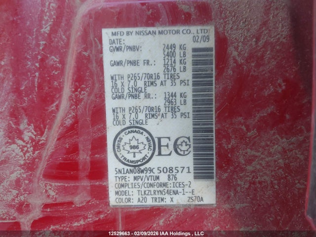 Aukcja sprzedaży 2009 Nissan Xterra Off Road/s/se, vin: 5N1AN08W99C508571, numer aukcji: 12529663