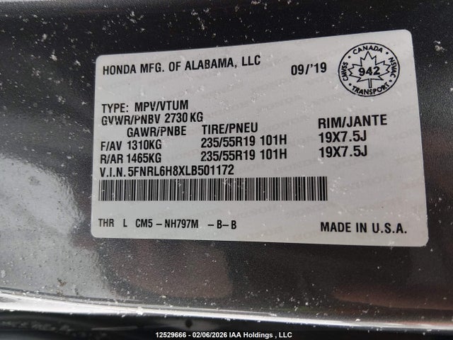 5FNRL6H8XLB501172 Honda Odyssey Touring