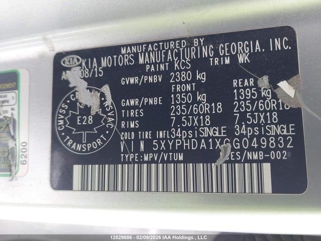 5XYPHDA1XGG049832 KIA Sorento 2.0l Ex/2.0l Lx+