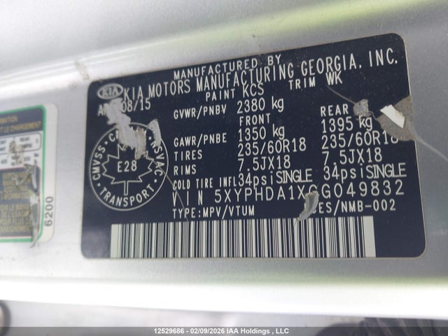 5XYPHDA1XGG049832 KIA Sorento 2.0l Ex/2.0l Lx+