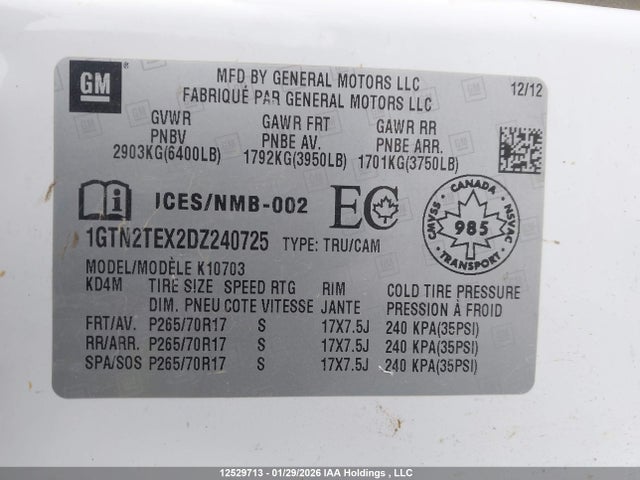 Aukcja sprzedaży 2013 Gmc Sierra 1500 Wt, vin: 1GTN2TEX2DZ240725, numer aukcji: 12529713