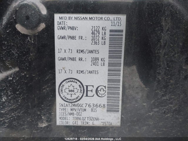 5N1AT2MV0GC763668 Nissan Rogue S/sl Premium/sv