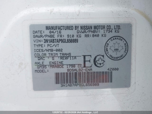 Aukcja sprzedaży 2016 Nissan Sentra S/sv/sr/sl, vin: 3N1AB7AP9GL656989, numer aukcji: 12529732