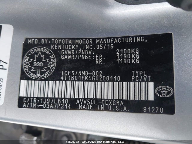 4T1BD1FK5GU200110 Toyota Camry Hybrid Xle