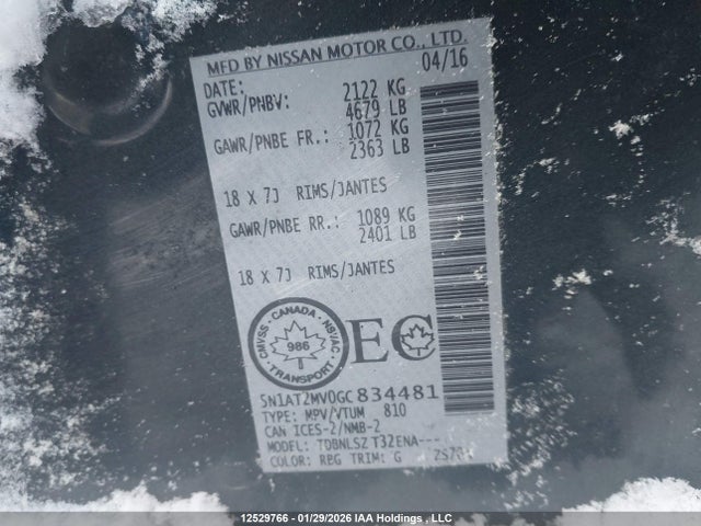 5N1AT2MV0GC834481 Nissan Rogue S/sl Premium/sv