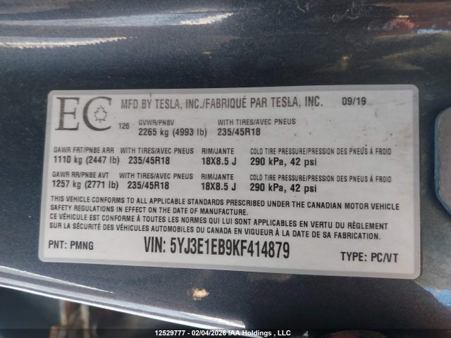 5YJ3E1EB9KF414879 Tesla MODEL 3