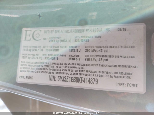 5YJ3E1EB9KF414879 Tesla MODEL 3