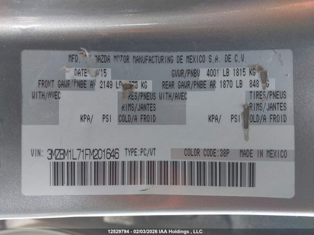 3MZBM1L71FM201646 Mazda 3 TOURING