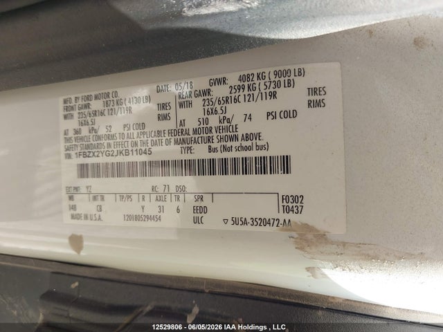 2018 Ford Transit T-350 მანქანა იყიდება აუქციონზე, vin: 1FBZX2YG2JKB11045, აუქციონის ნომერი: 12529806
