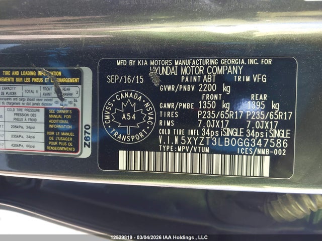 5XYZT3LB0GG347586 Hyundai Santa Fe