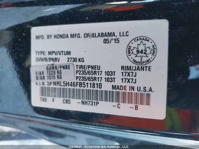 5FNRL5H46FB511810 Honda ODYSSEY EX