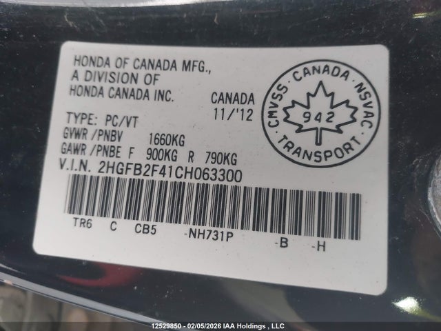 Aukcja sprzedaży 2012 Honda Civic Lx, vin: 2HGFB2F41CH063300, numer aukcji: 12529850