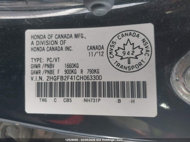 Aukcja sprzedaży 2012 Honda Civic Lx, vin: 2HGFB2F41CH063300, numer aukcji: 12529850