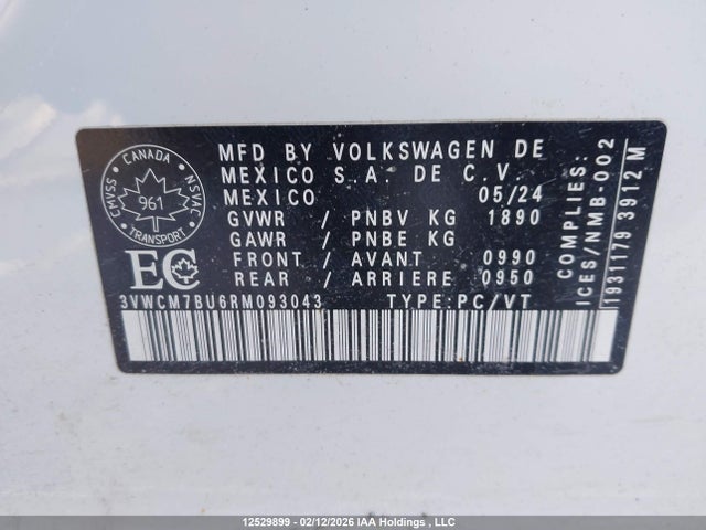 Aukcja sprzedaży 2024 Volkswagen Jetta Trendline, vin: 3VWCM7BU6RM093043, numer aukcji: 12529899