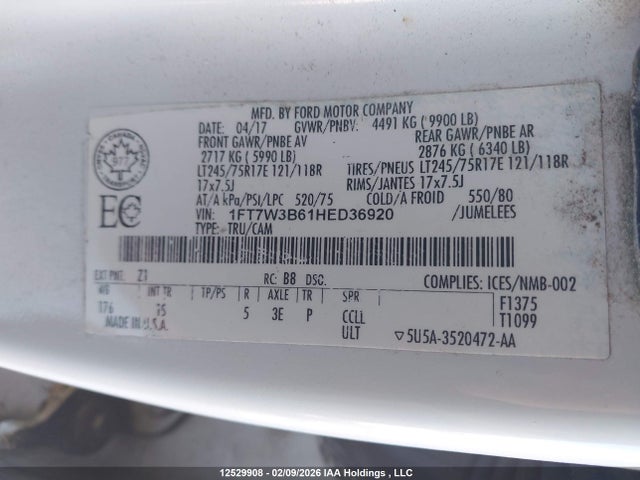 2017 Ford F350 მანქანა იყიდება აუქციონზე, vin: 1FT7W3B61HED36920, აუქციონის ნომერი: 12529908