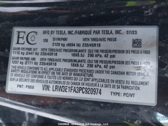LRW3E1FA3PC920974 Tesla Model 3 Rwd