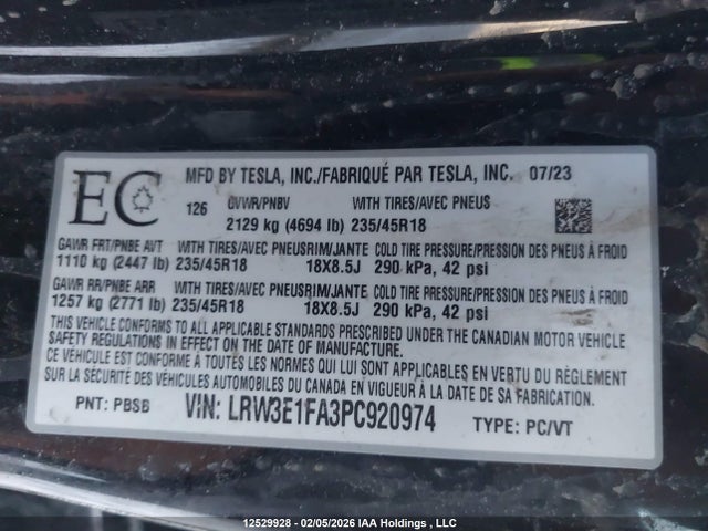 LRW3E1FA3PC920974 Tesla Model 3 Rwd