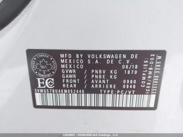 3VWG57BU4KM052446 Volkswagen Jetta 1.4 Tsi Execline