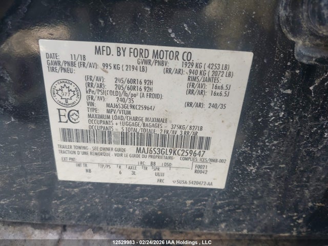 MAJ6S3GL9KC259647 Ford Ecosport Se