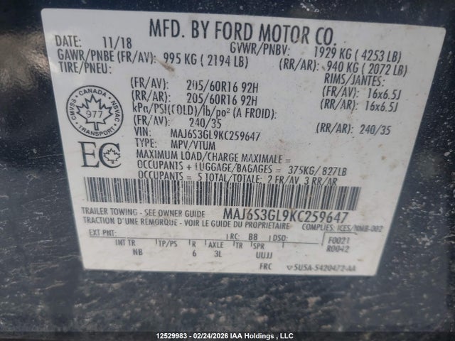 MAJ6S3GL9KC259647 Ford Ecosport Se