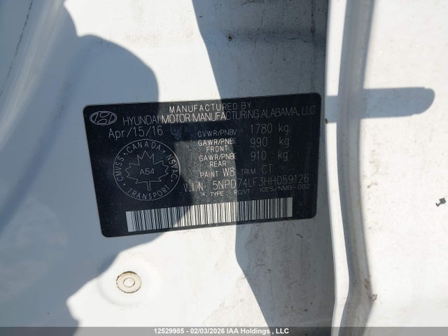 5NPD74LF3HH059126 Hyundai Elantra Le