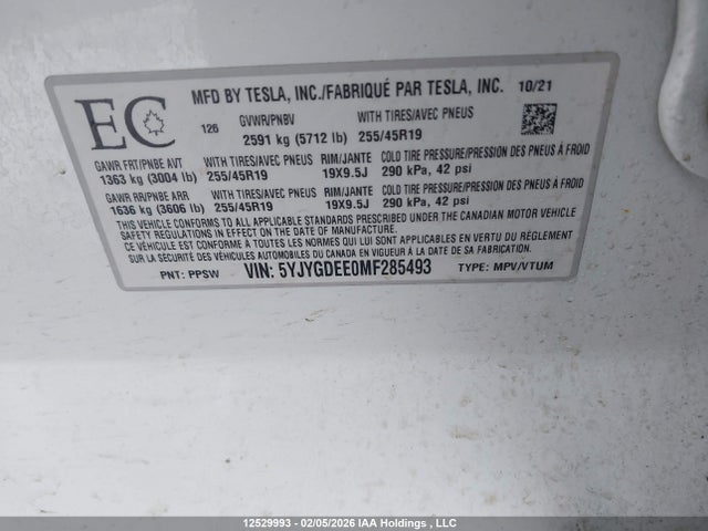 5YJYGDEE0MF285493 Tesla Model Y Long Range