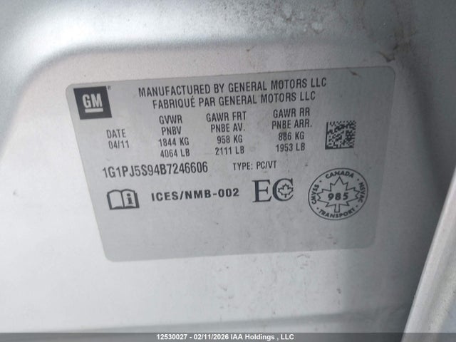 Aukcja sprzedaży 2011 Chevrolet Cruze Eco, vin: 1G1PJ5S94B7246606, numer aukcji: 12530027