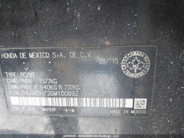 3HGGK5H72GM100892 Honda FIT EX