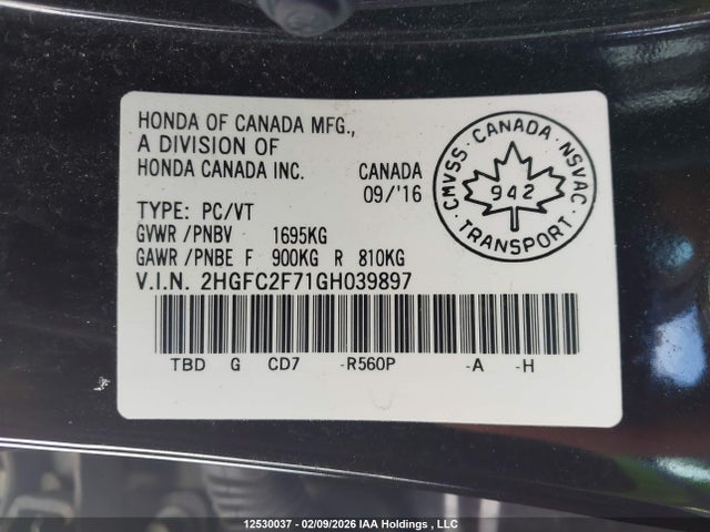Продажа на аукционе авто 2016 Honda Civic Ex, vin: 2HGFC2F71GH039897, номер лота: 12530037